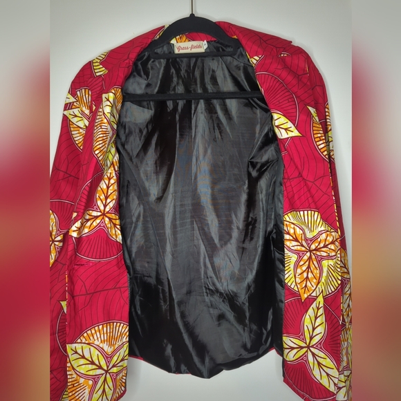 Grass Fields Blazer Jacket Size S Red And Yellow Ankara Fabric - Picture 10 of 16
